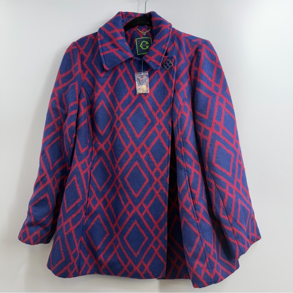 C. Wonder Geometric Diamond Print Coat Navy Red Brooch Women’s S NWOT
